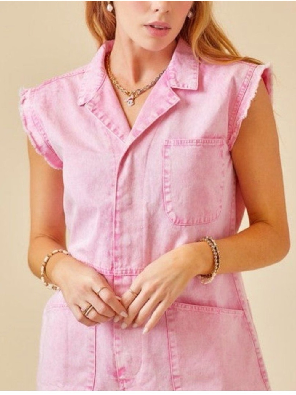 TALULAH Pink Denim Collared Romper NWT